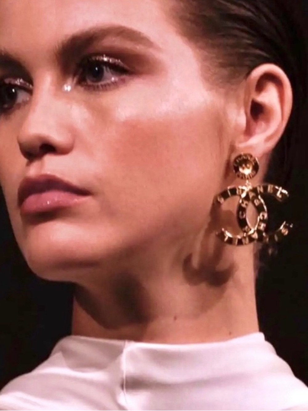 ChaneI Gold-Tone Spell-Out Earrings Button style top with Dangling Logo